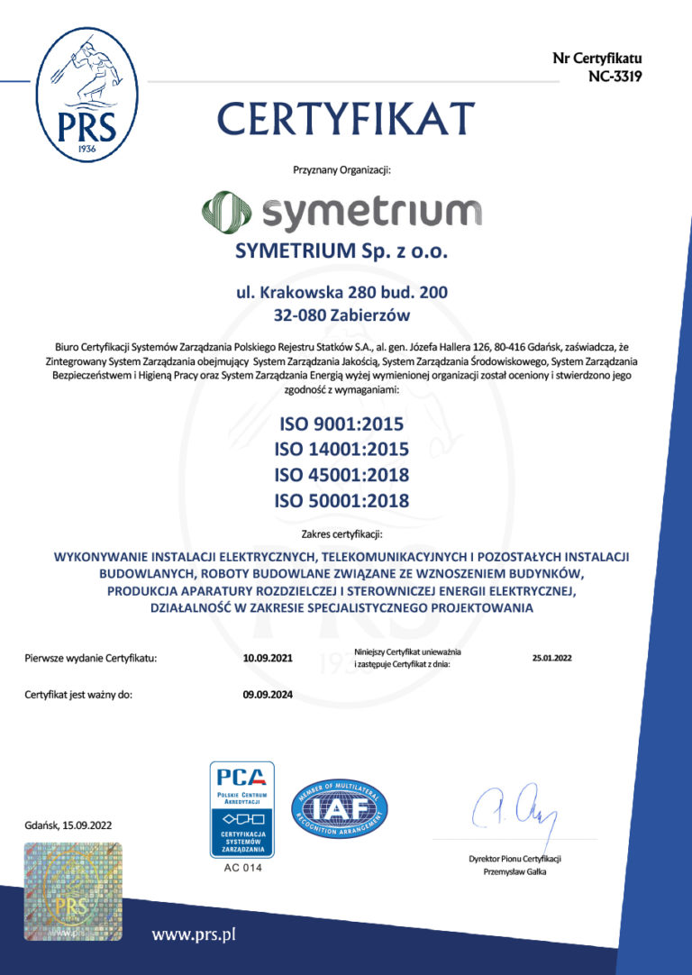 Symetrium Certfikat ISO 9001:2015, ISO 14001:2015, ISO 45001"2018, ISO 50001:2018