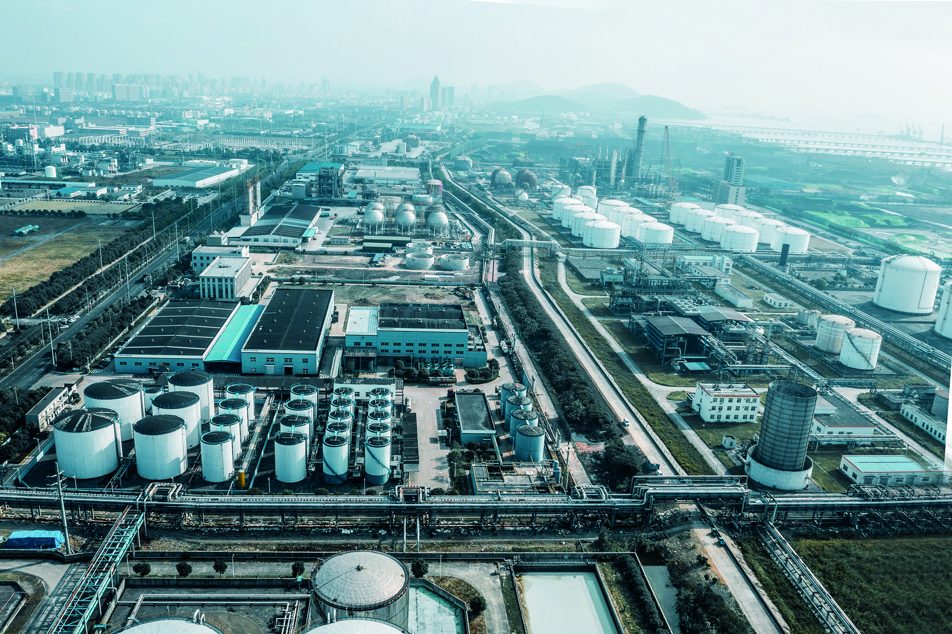 petrochemical plant industrial background, aerial view of oil refinery factory